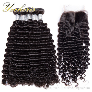 Deep Wave Hair Extension Weave Bundle Virgin Brazilian Cuticle Aligned Human Hair Natural wth Closure and Frontal